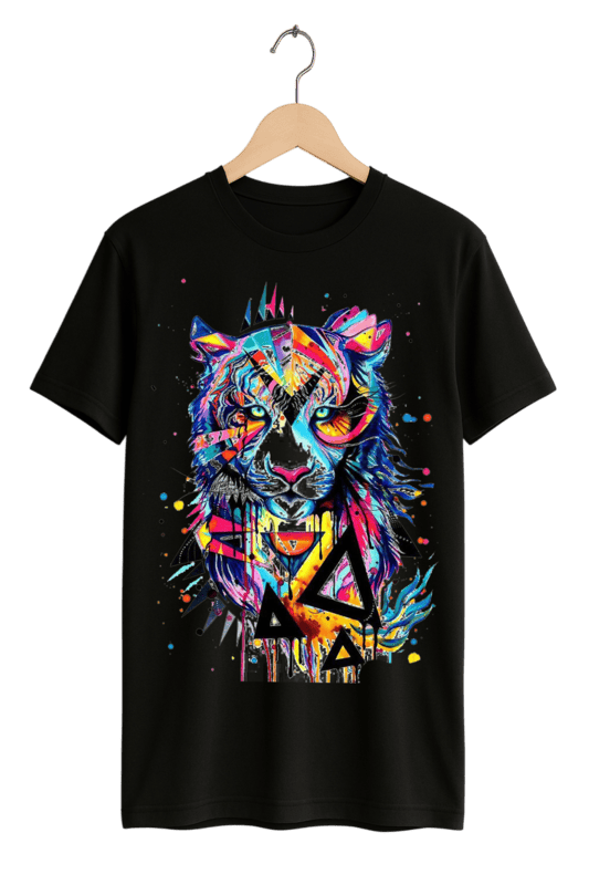 Vibrant Abstract Tiger Print Womens Black T-Shirt