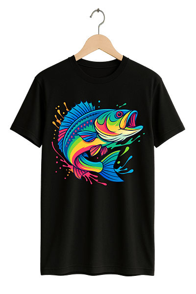 Vibrant Splash Fish  Print Womens Black T-Shirt