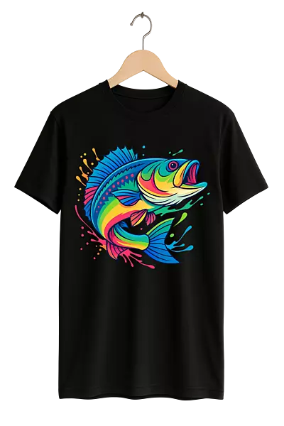 Vibrant Splash Fish Print Womens Black T-Shirt