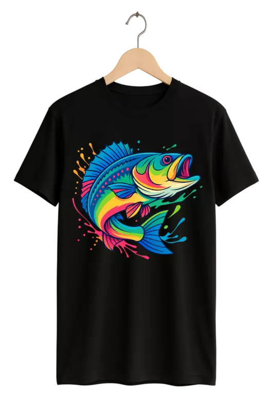 Vibrant Splash Fish Print Womens Black T-Shirt