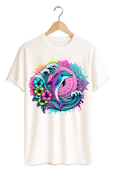 Vibrant Tropical Dolphin & Mandala Print Womens White T-Shirt