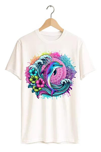 Vibrant Tropical Dolphin & Mandala Print Womens White T-Shirt