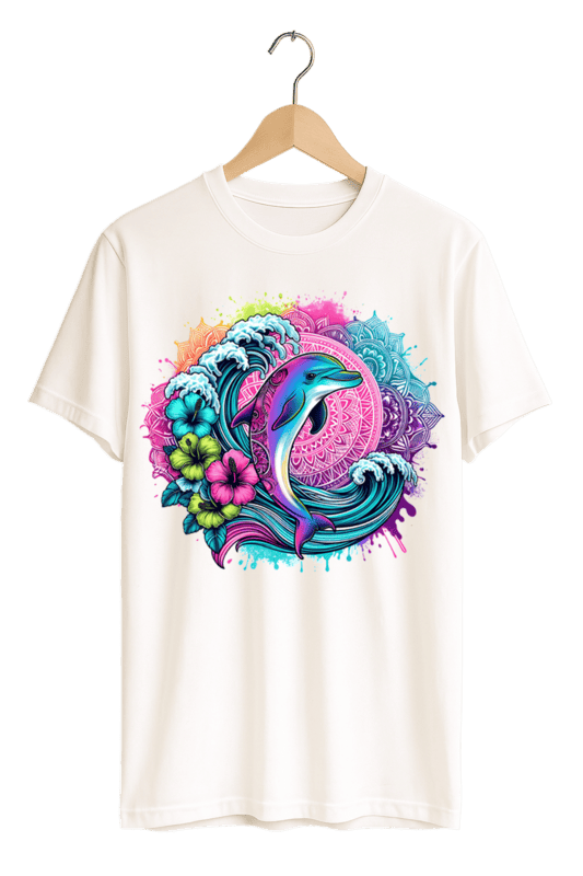 Vibrant Tropical Dolphin & Mandala Print Womens White T-Shirt