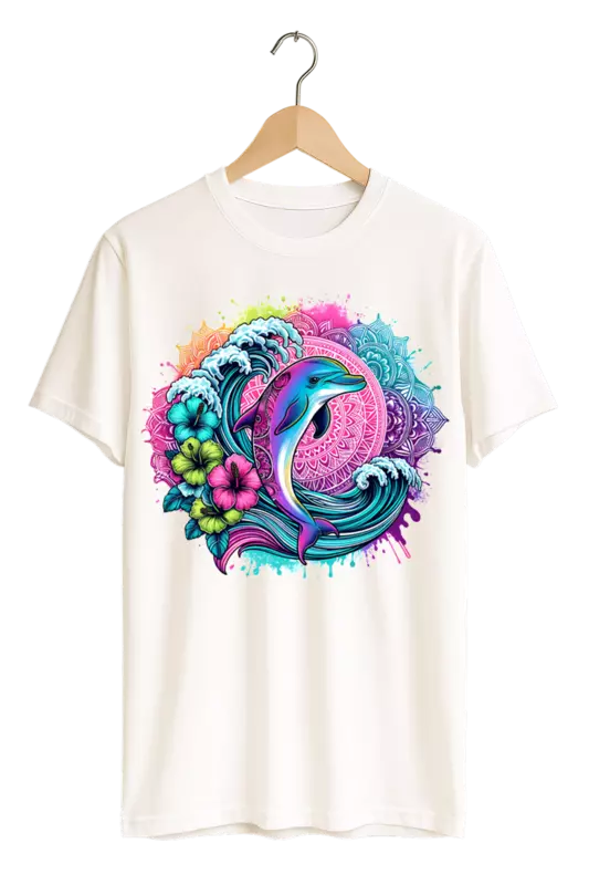 Vibrant Tropical Dolphin & Mandala Print Womens White T-Shirt