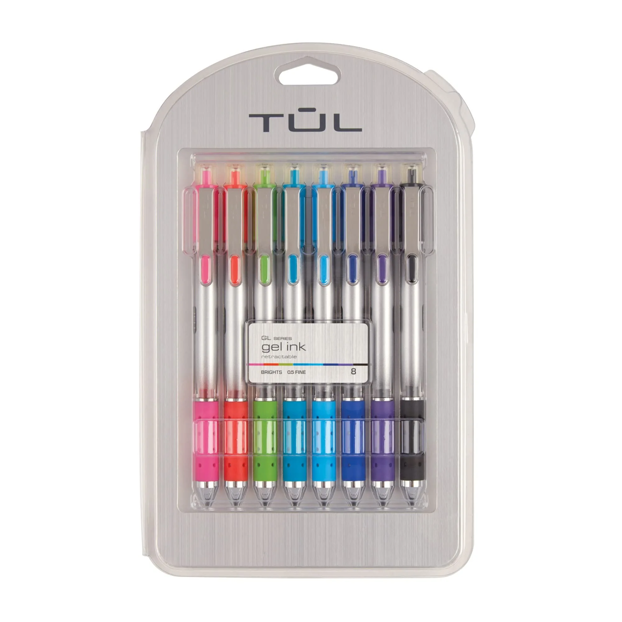 TUL GL Series Retractable Gel Pens, 0.5 mm Fine, Silver Barrel, Assorted Bright Inks, Pack of 8
