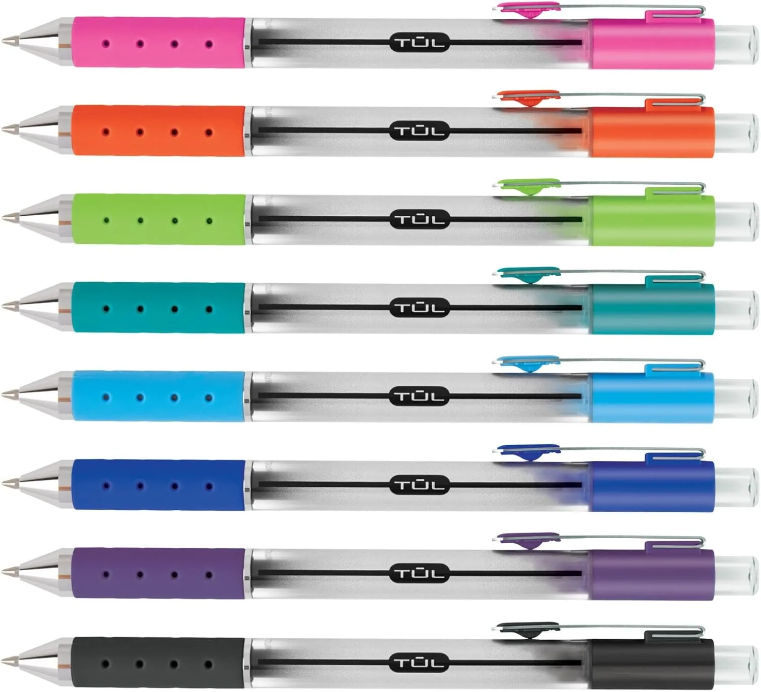 TUL GL Series Retractable Gel Pens, 0.5 mm Fine, Silver Barrel, Assorted Bright Inks, Pack of 8