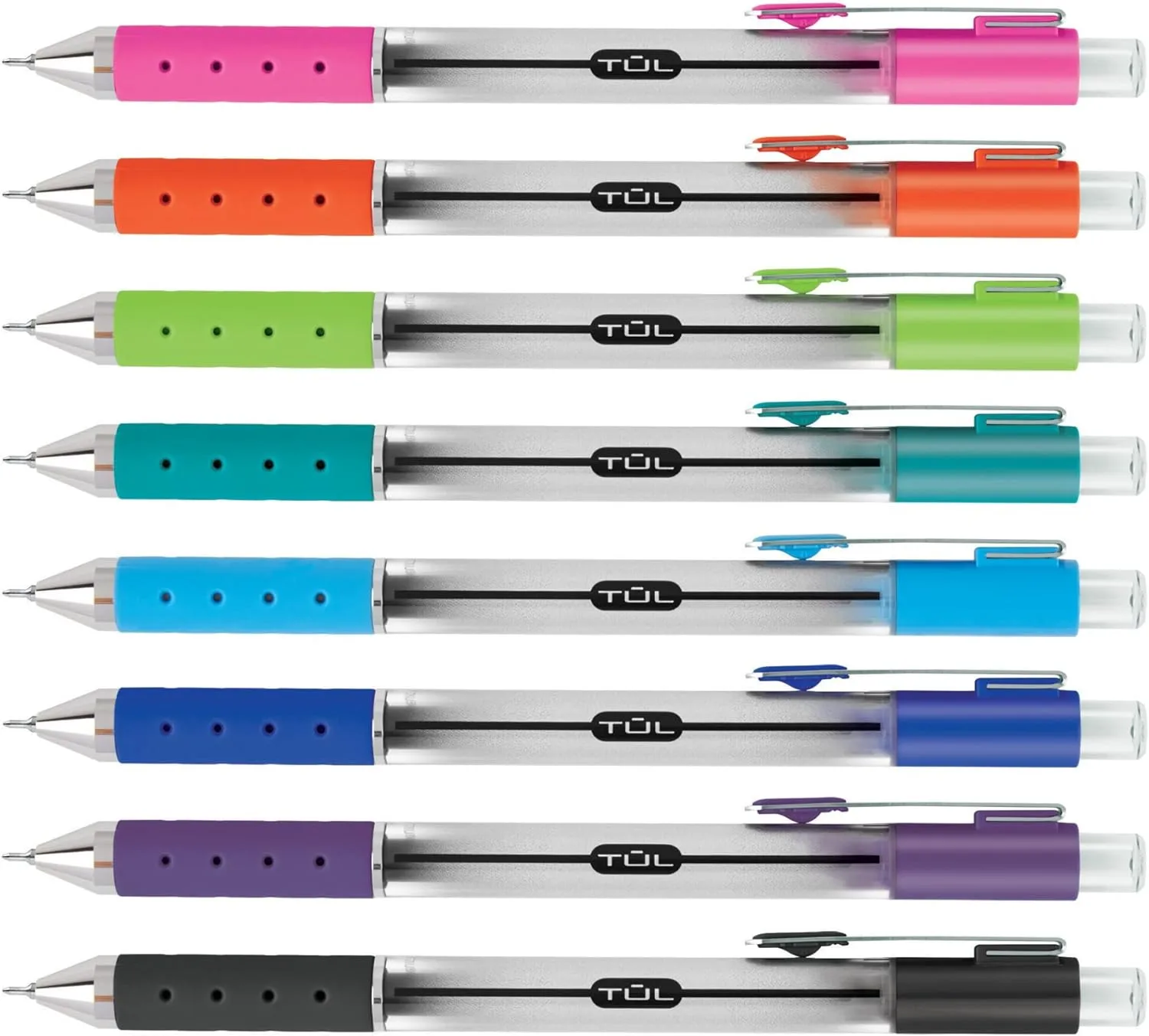 TUL Retractable Gel Pens, Needle Point, 0.5 mm, Gray Barrel, Assorted Bright Ink Colors, Pack Of 8