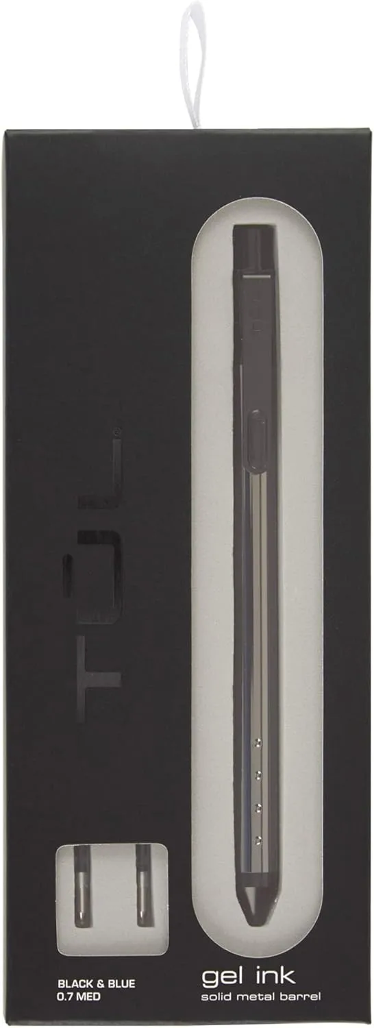 TUL Fine Writing Solid Metal Barrel Retractable Gel Pen with 2 Refills, Medium Point, 0.7 mm, Gunmetal Barrel, Black & Blue Inks