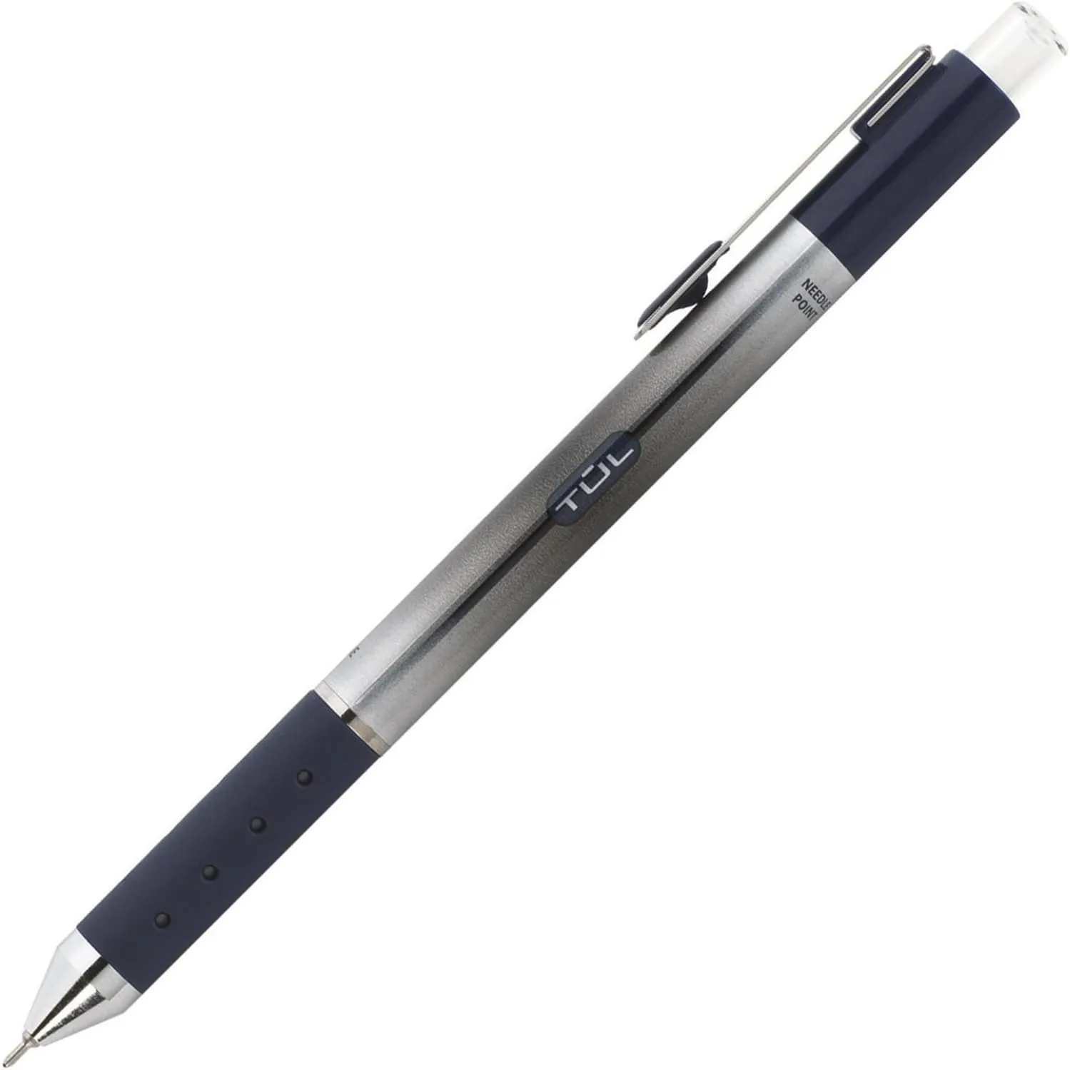 TUL GL Series Retractable Gel Pens, Needle Point, 0.7 mm, Silver Barrel, Blue Ink, Pack Of 12 Pens
