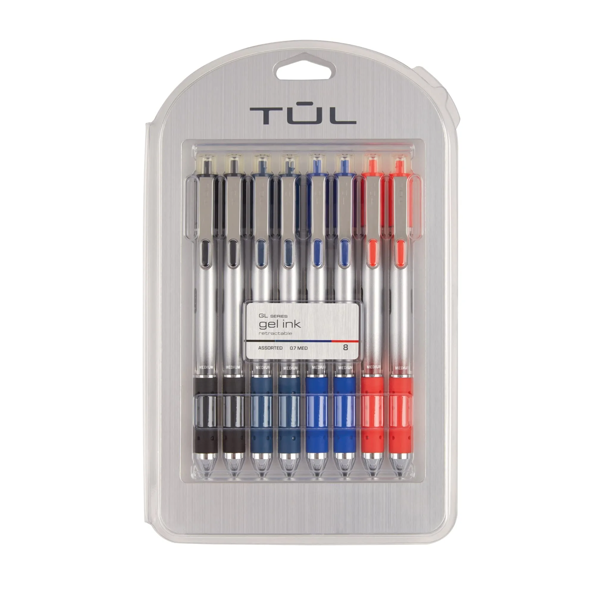 TUL Retractable Gel Pens, 0.7 mm Medium Point, Silver Barrel, Assorted Inks, Pack of 8