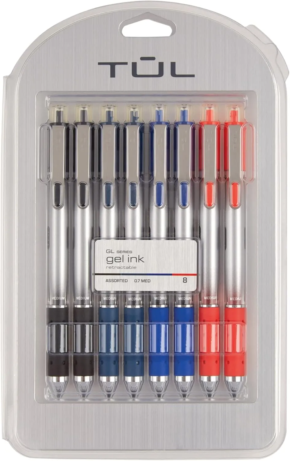 TUL Retractable Gel Pens, 0.7 mm Medium Point, Silver Barrel, Assorted Inks, Pack of 8
