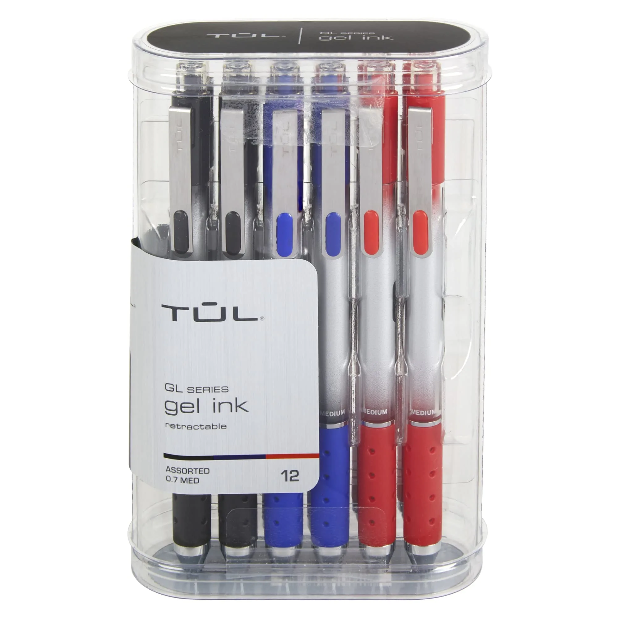 TUL® GL Series Retractable Gel Pens, Medium Point, 0.7 mm, Silver Barrel, Assorted Inks, Pack Of 12