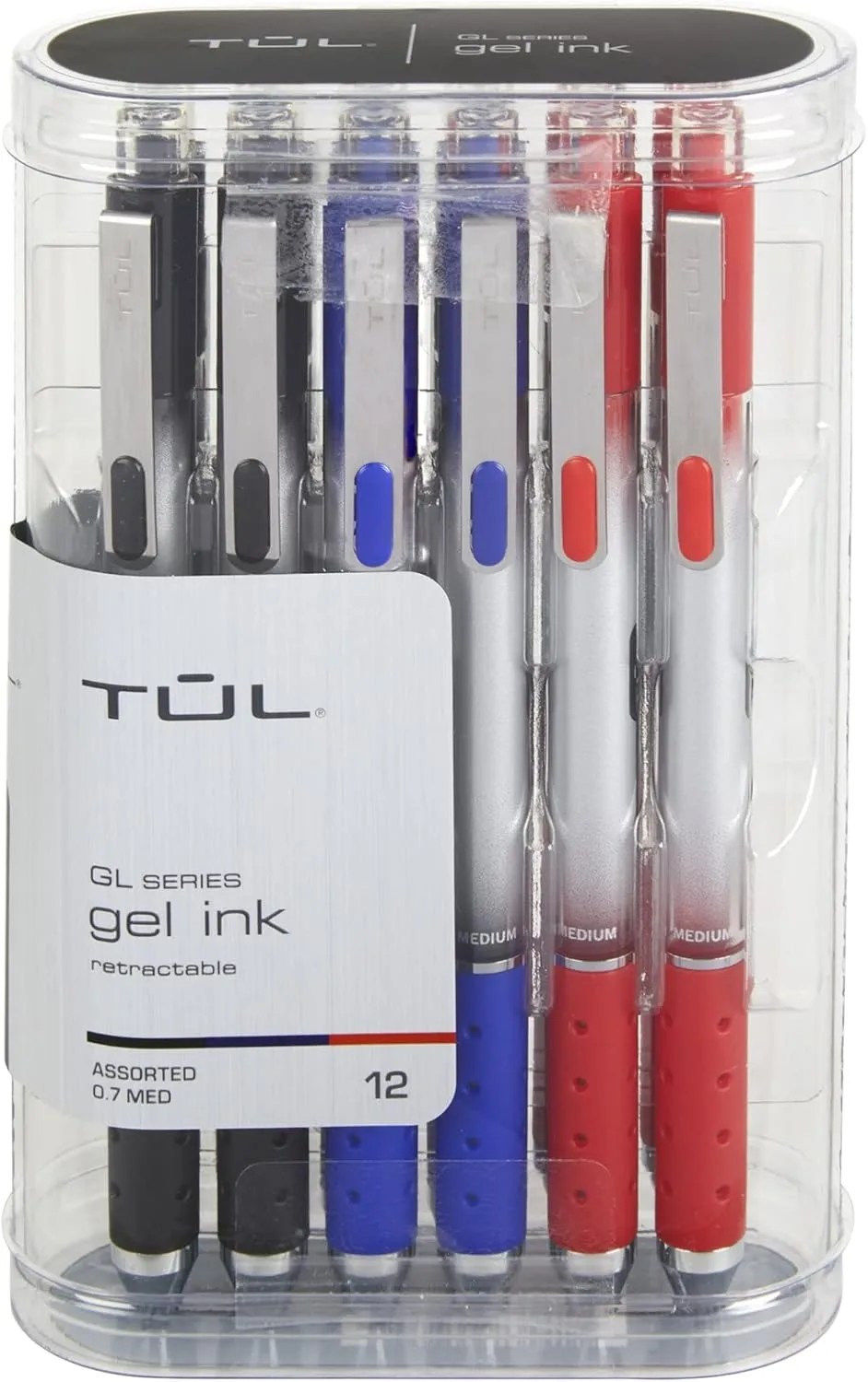 TUL® GL Series Retractable Gel Pens, Medium Point, 0.7 mm, Silver Barrel, Assorted Inks, Pack Of 12