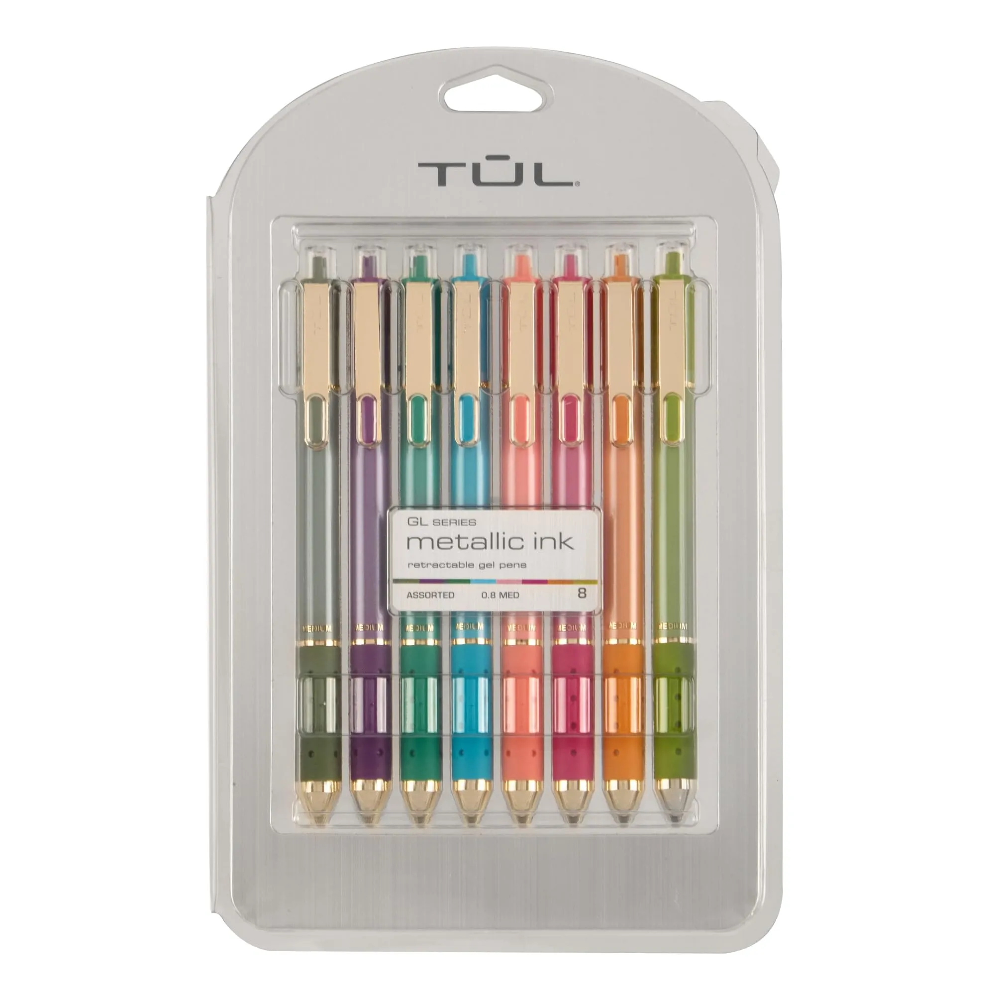 TUL® GL Series Retractable Gel Pens, Medium Point, 0.8 mm, Assorted Metallic Inks, Pack Of 8 Pens
