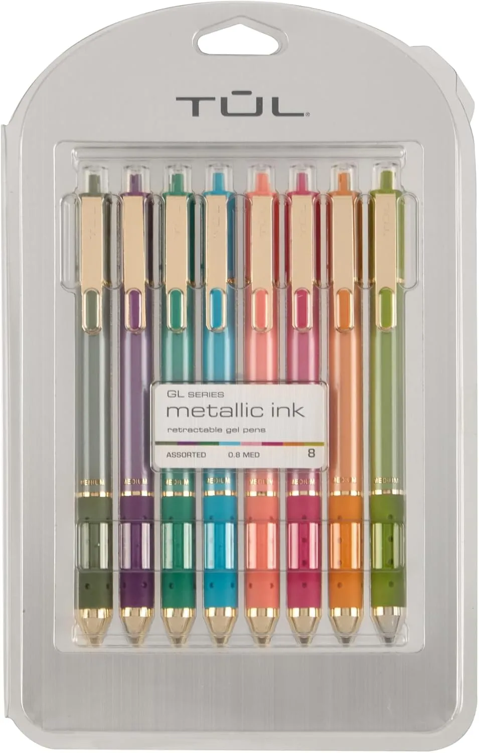 TUL® GL Series Retractable Gel Pens, Medium Point, 0.8 mm, Assorted Metallic Inks, Pack Of 8 Pens