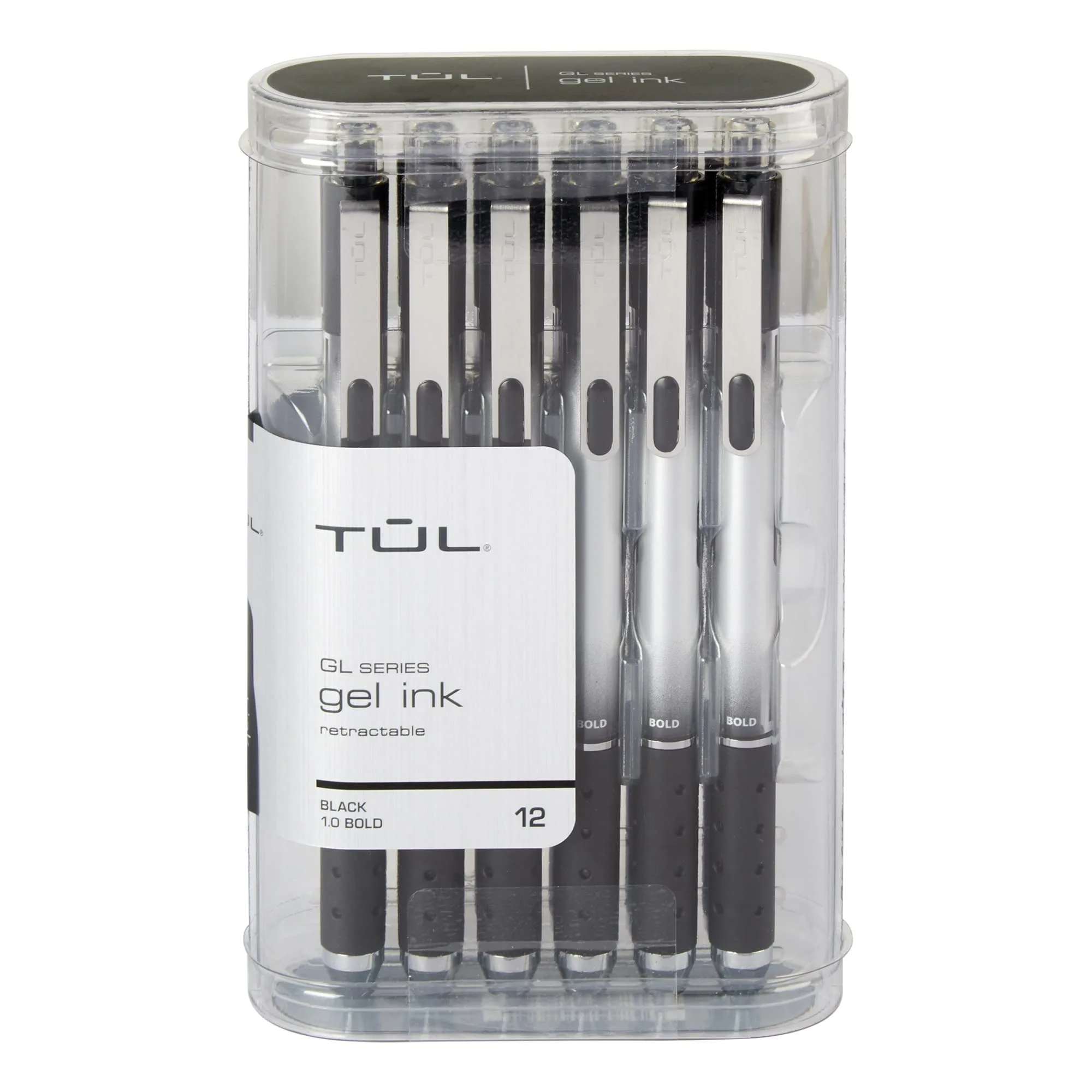 TUL® GL Series Retractable Gel Pens, Bold Point, 1.0 mm, Silver Barrel, Black Ink, Pack Of 12 Pens