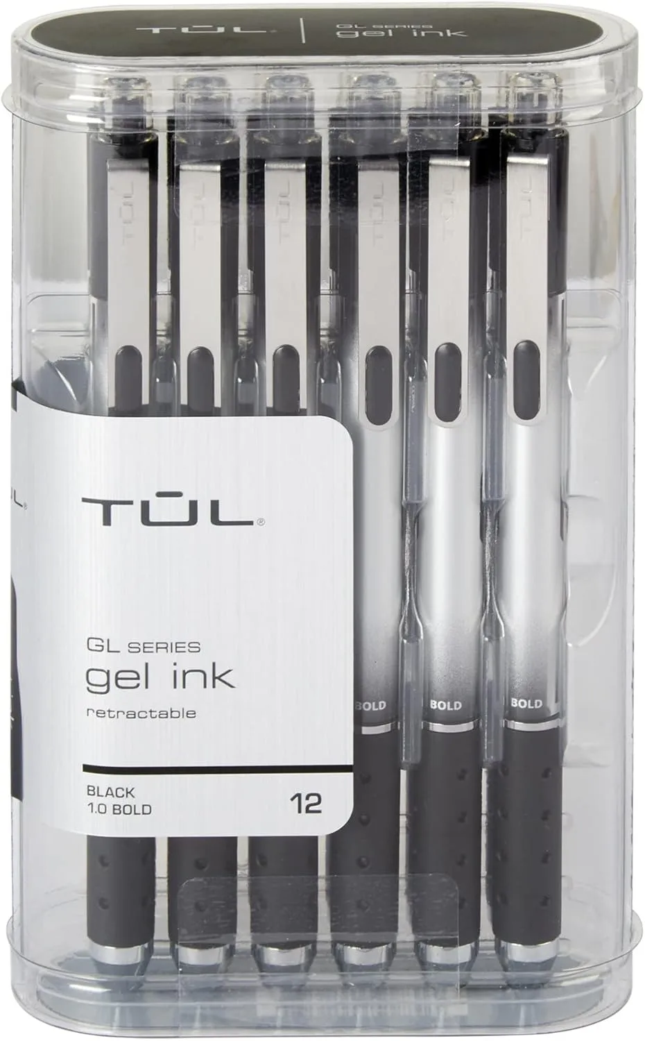 TUL® GL Series Retractable Gel Pens, Bold Point, 1.0 mm, Silver Barrel, Black Ink, Pack Of 12 Pens