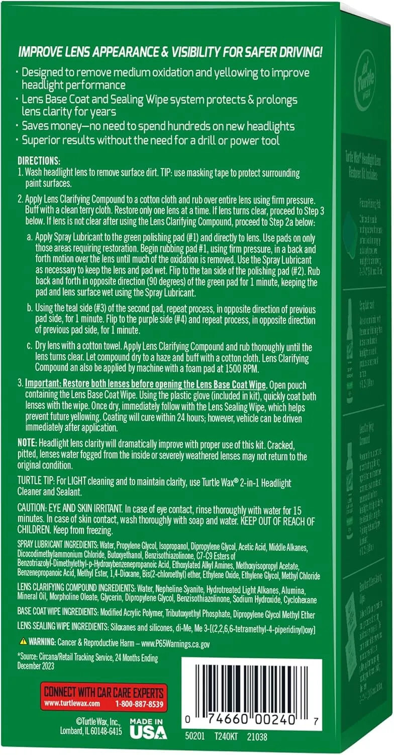 Turtle Wax Headlight Restoration Kit, Removes Oxidation and Yellowing, Restores to Like-New Condition