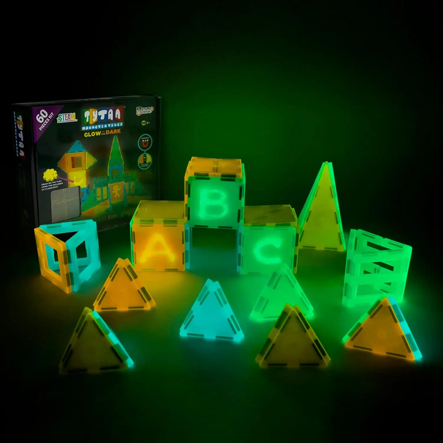 Tytan Tiles Glow in The Dark 60-Piece Magnetic Tiles Building Set, Diverse Multi-Color Shapes, STEM Toy, Cars, Creative Play