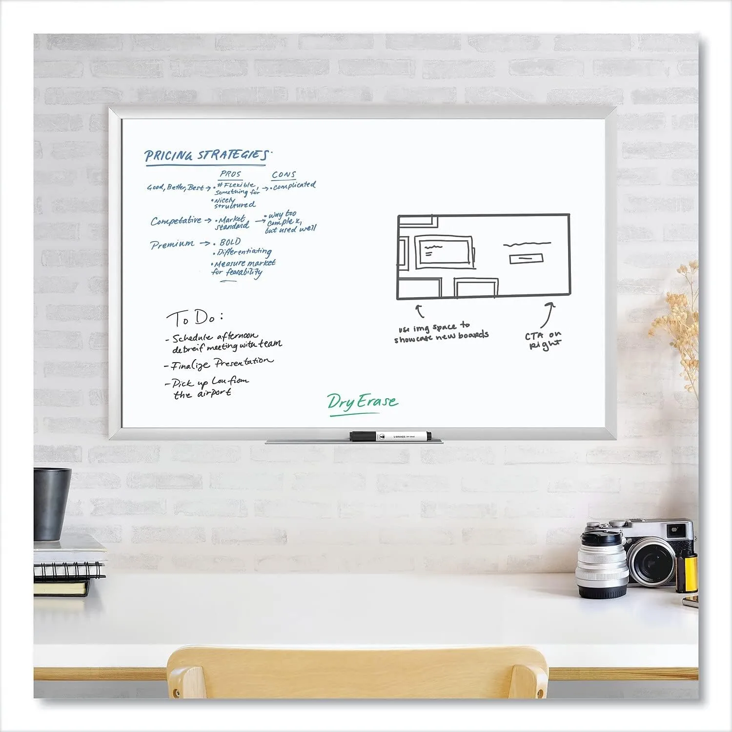 U BRANDS Melamine Non-Magnetic Dry-Erase Board, Silver Aluminum Frame