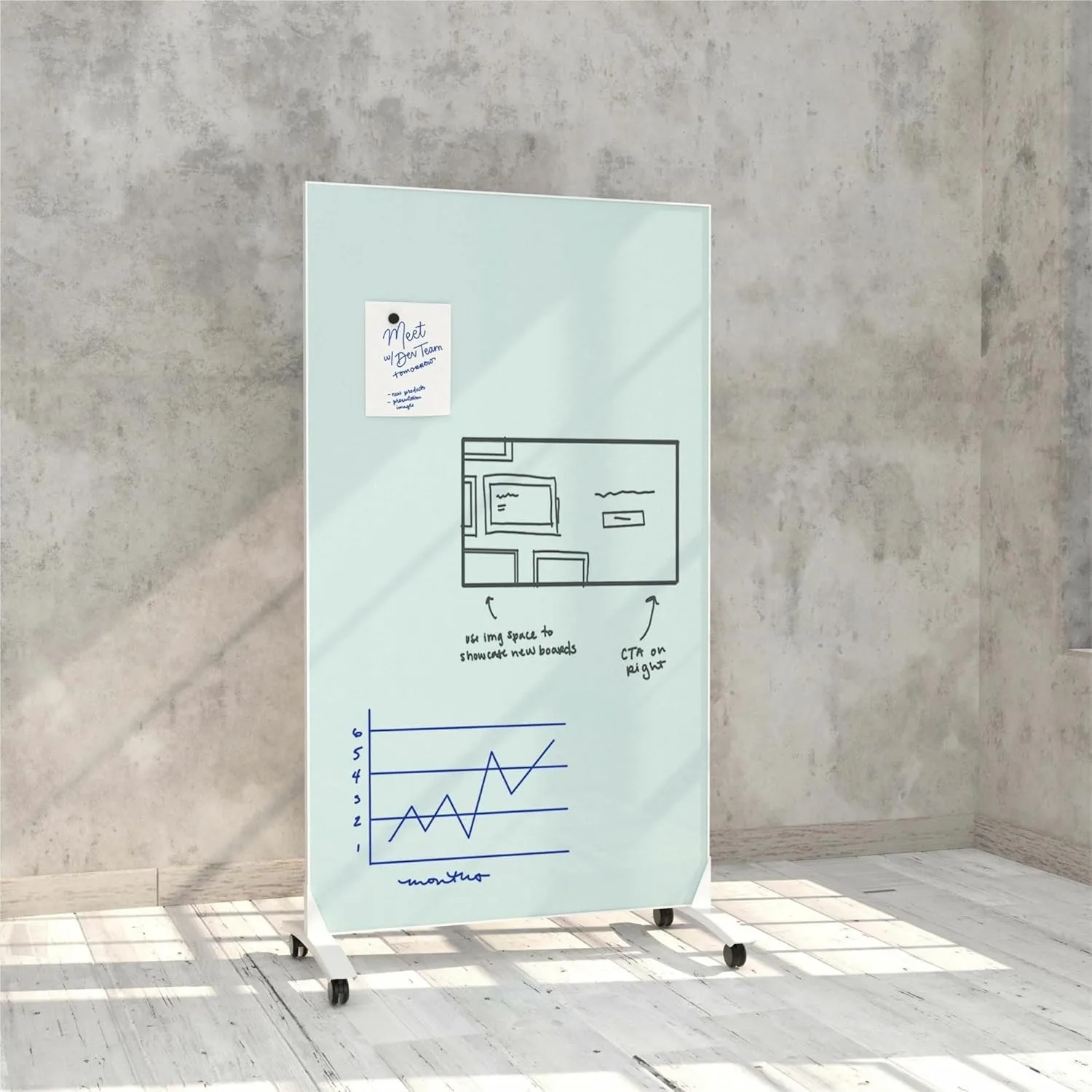 U Brands Double Sided Magnetic Glass Dry-Erase Mobile Floor Easel, 72in X 42, Actual Size 72in X 40in (4777U00-01)