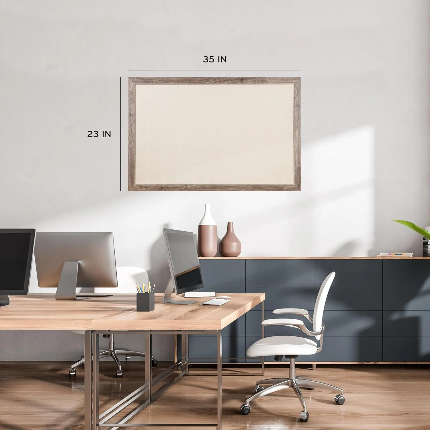 U Brands Linen Bulletin Board, 35"x23", Rustic Wood Style Frame, Industrial Grade Pinning Surface 36" x 24"