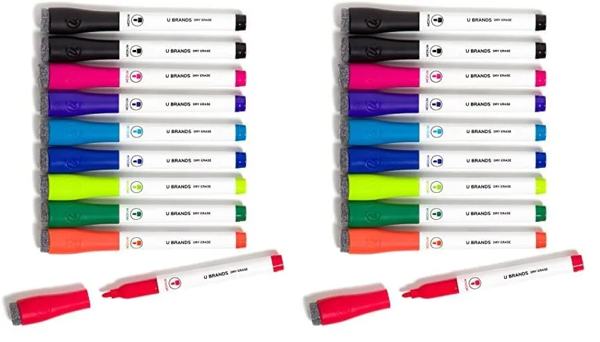 U Brands Low-Odor Dry-Erase Markers with Erasers, Medium (2mm) Point, Assorted Colors, Pack of 10