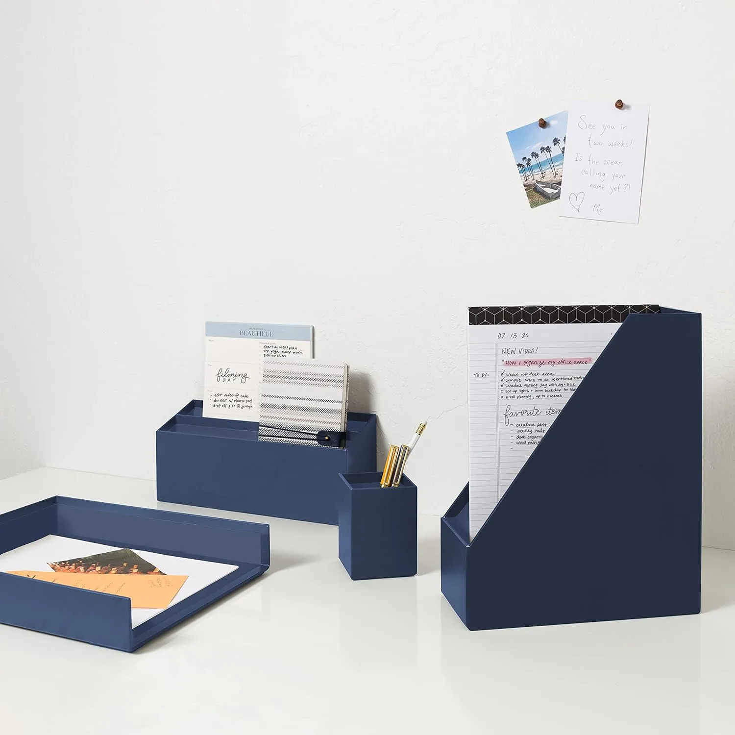 U Brands Paper Wrapped Desk Organization Set, Office Organization Supplies, Solid Navy, 4 Pieces