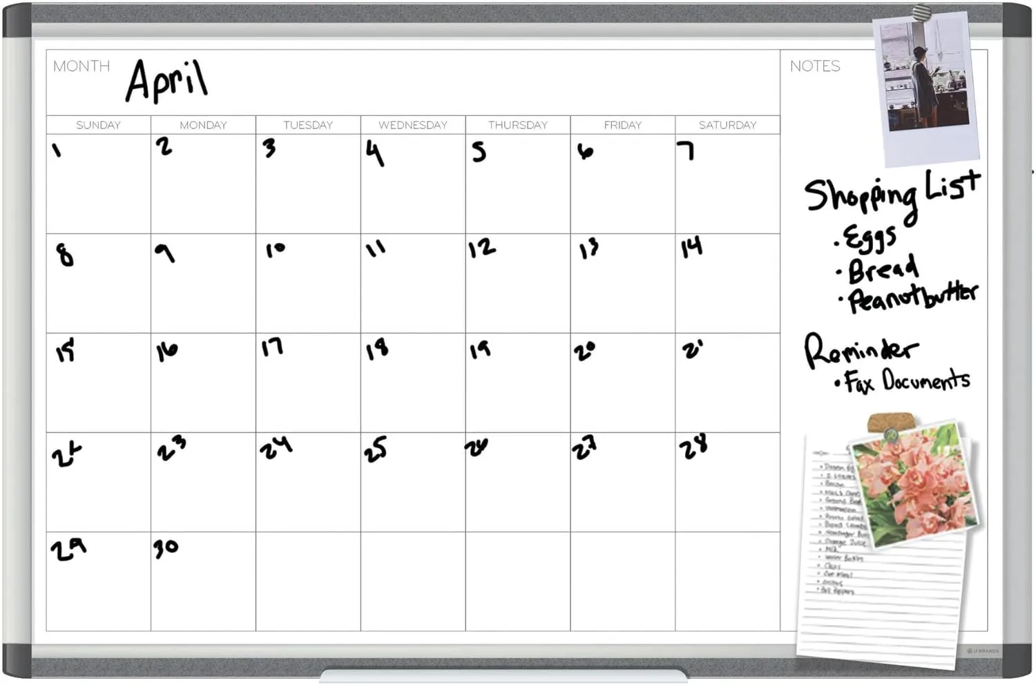 U Brands PINIT Magnetic Dry-Erase Monthly Calendar Board, Silver Aluminum Frame