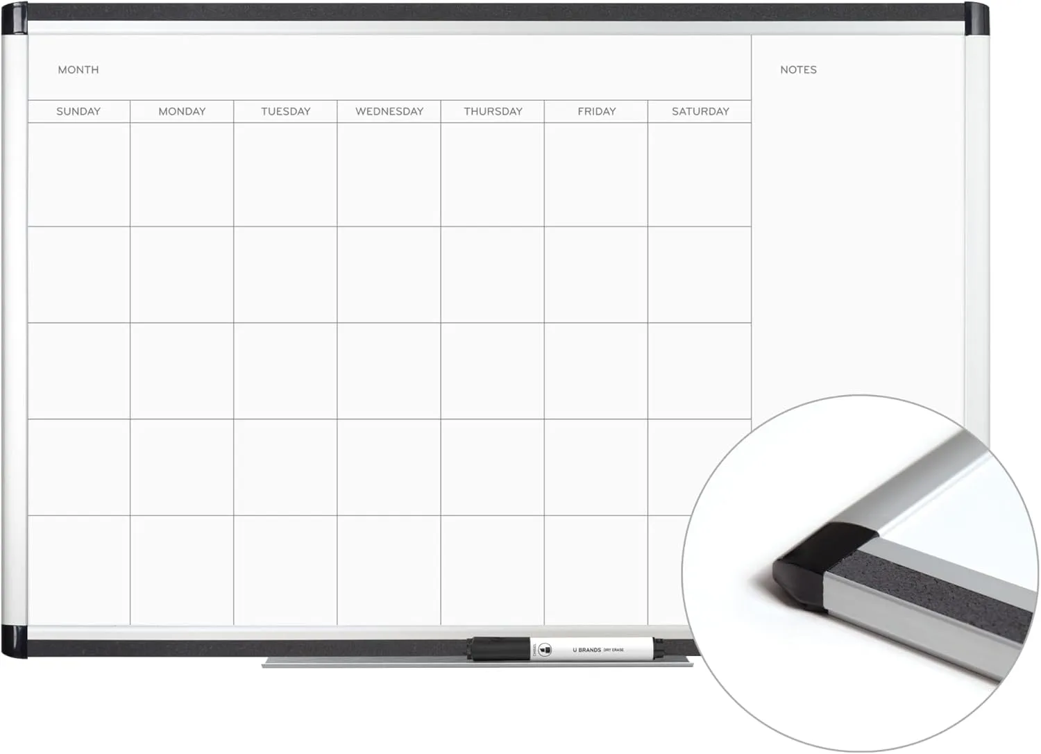 U Brands PINIT Magnetic Dry-Erase Monthly Calendar Board, Silver Aluminum Frame