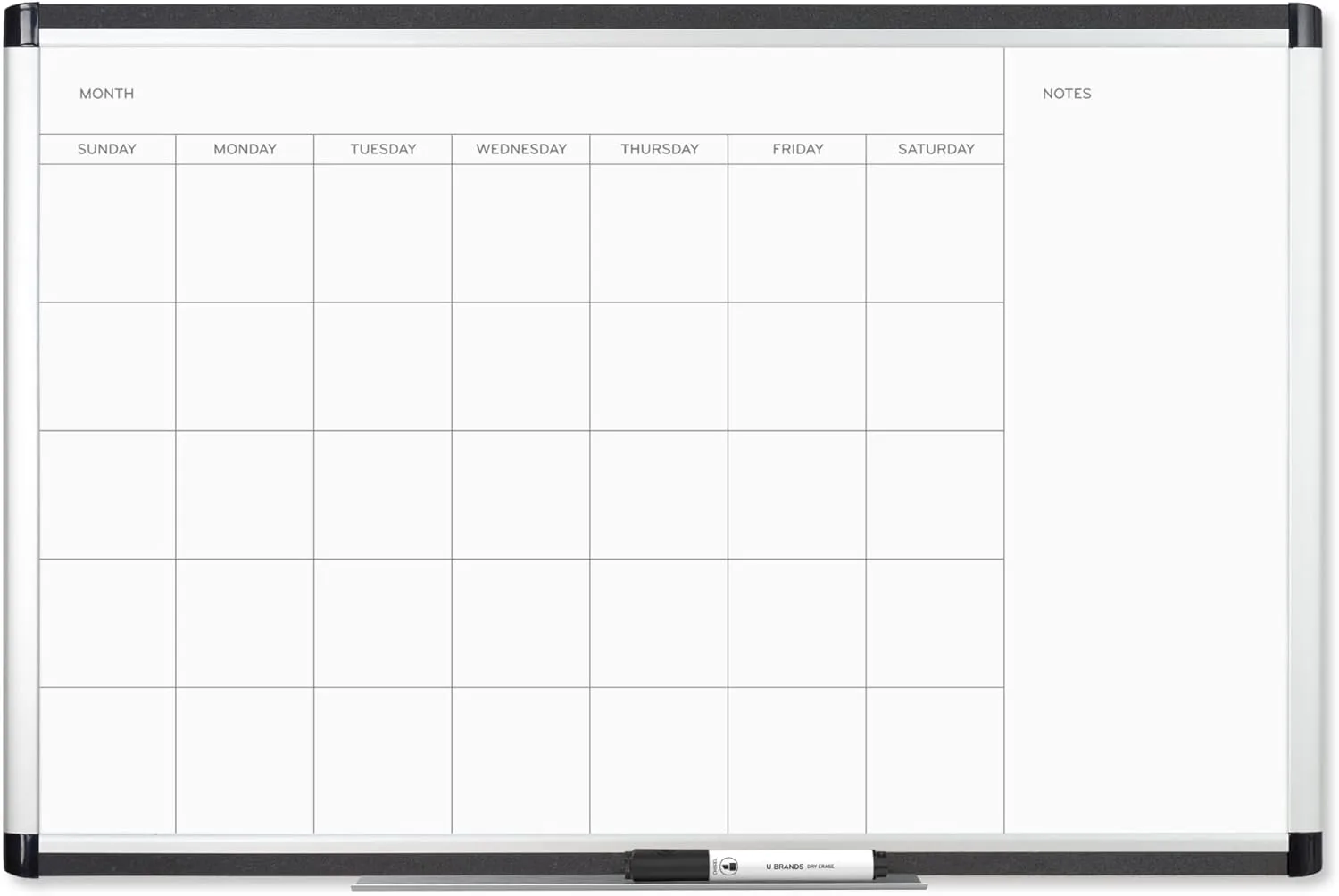 U Brands PINIT Magnetic Dry-Erase Monthly Calendar Board, Silver Aluminum Frame