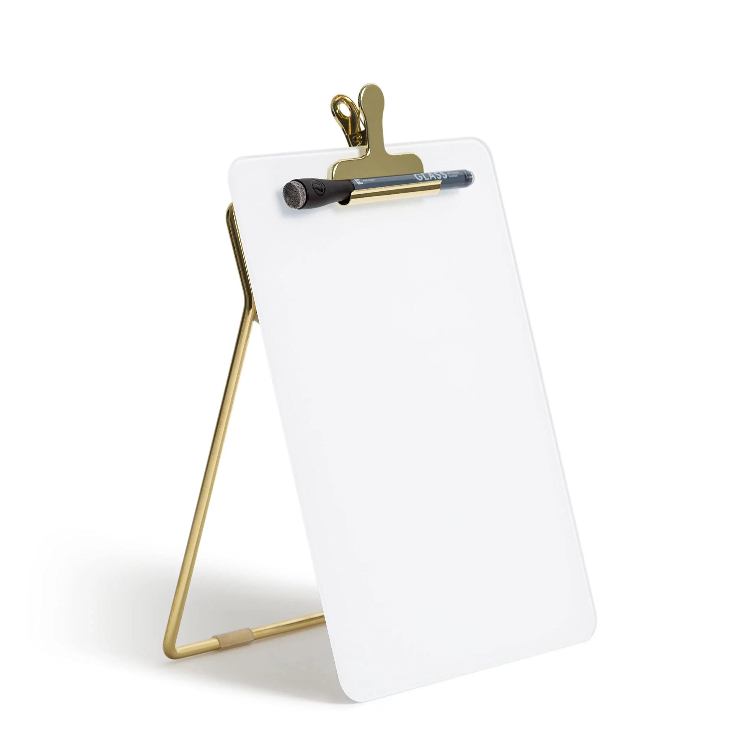 U Brands Non-Magnetic Glass Dry Erase Desktop Easel, 11 3/4in X 8 1/2in, Tempered Glass, Gold Metal Stand, Removable Clip