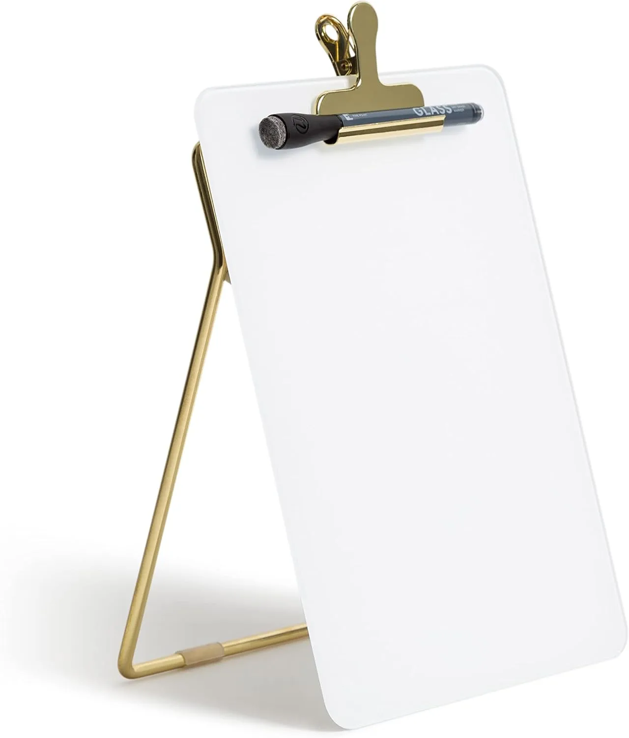 U Brands Non-Magnetic Glass Dry Erase Desktop Easel, 11 3/4in X 8 1/2in, Tempered Glass, Gold Metal Stand, Removable Clip