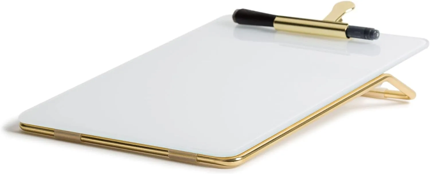 U Brands Non-Magnetic Glass Dry Erase Desktop Easel, 11 3/4in X 8 1/2in, Tempered Glass, Gold Metal Stand, Removable Clip