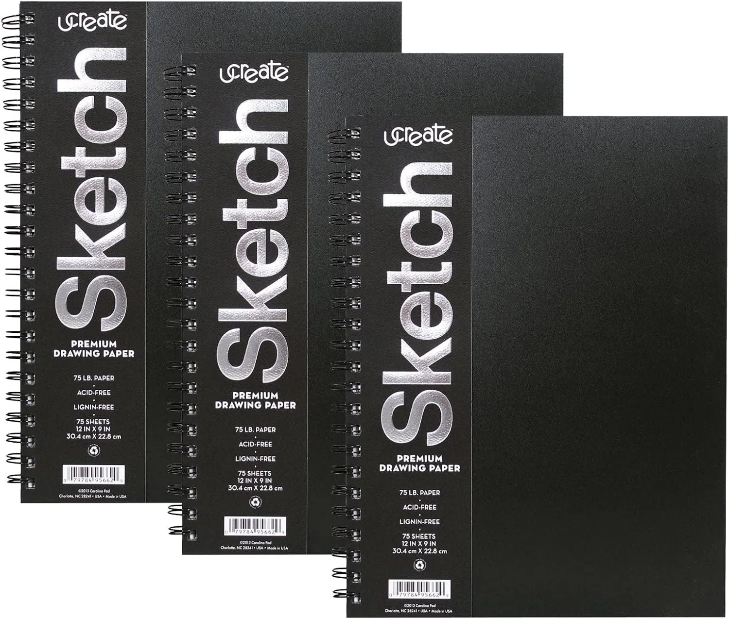 UCREATE Poly Cover Sketch Book, Heavyweight, 12" x 9", 75 Sheets, Pack of 3, Black, White