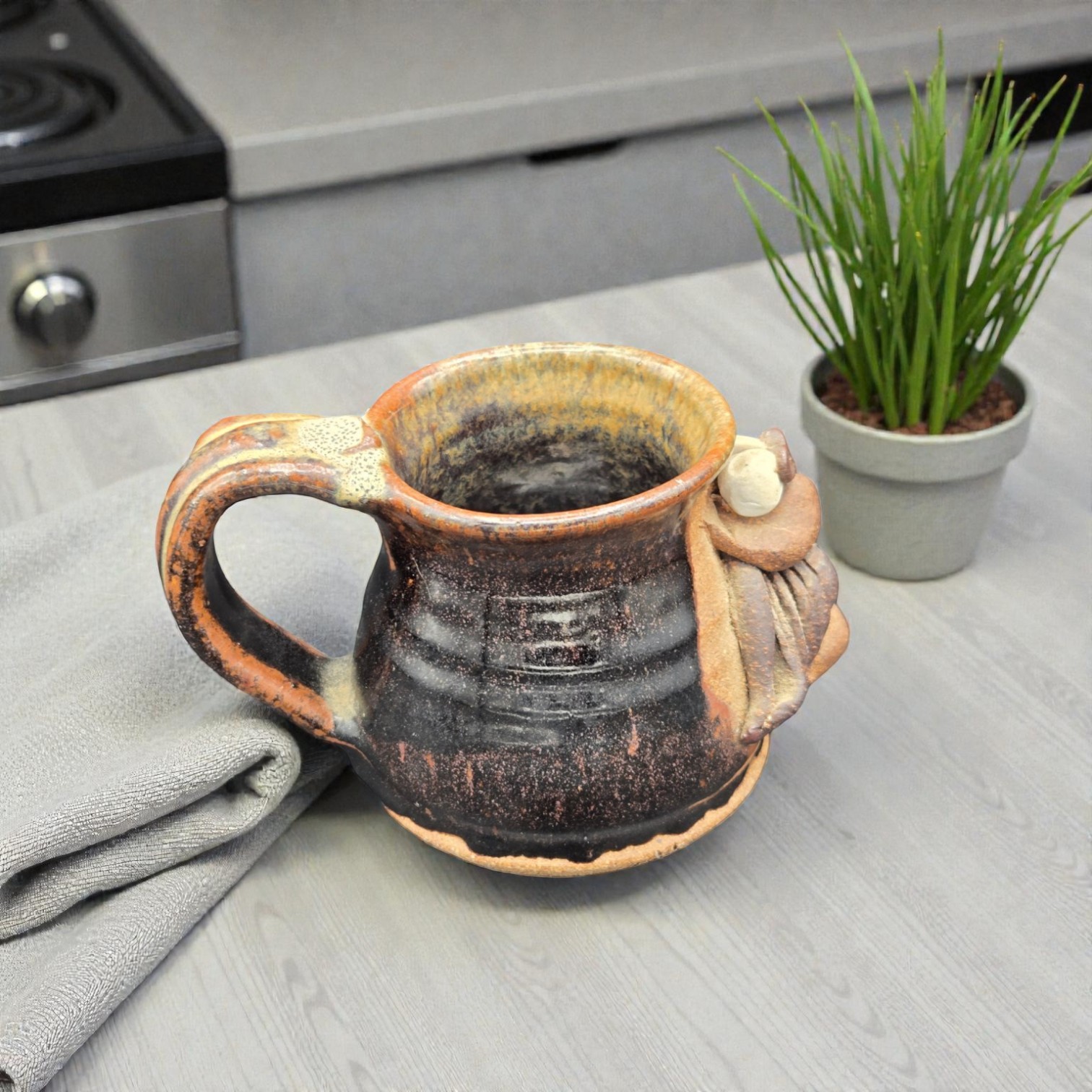 Vintage Handmade Stoneware Ugly Face Mug, 1980s Folk Pottery
