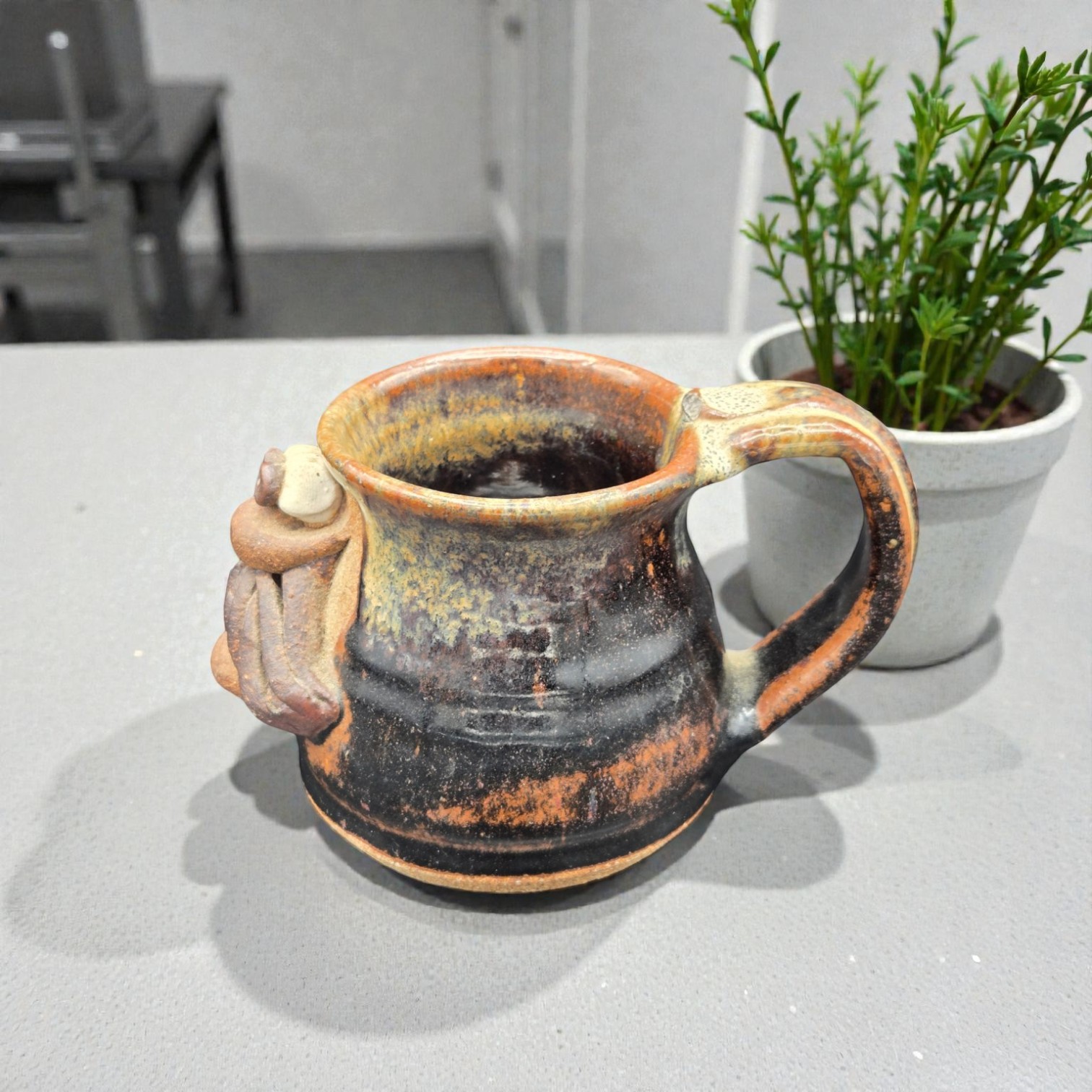 Vintage Handmade Stoneware Ugly Face Mug, 1980s Folk Pottery