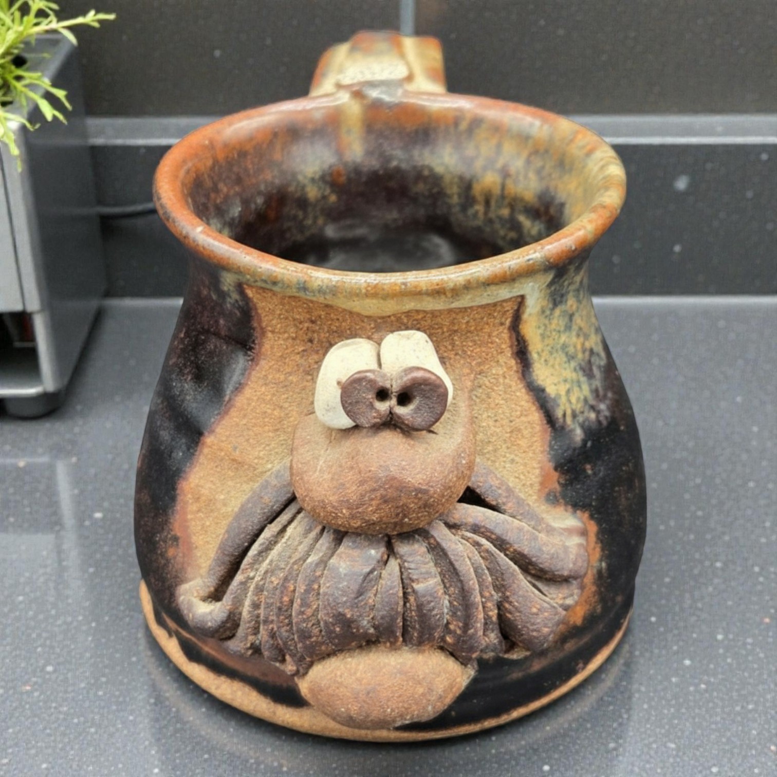 Vintage Handmade Stoneware Ugly Face Mug, 1980s Folk Pottery