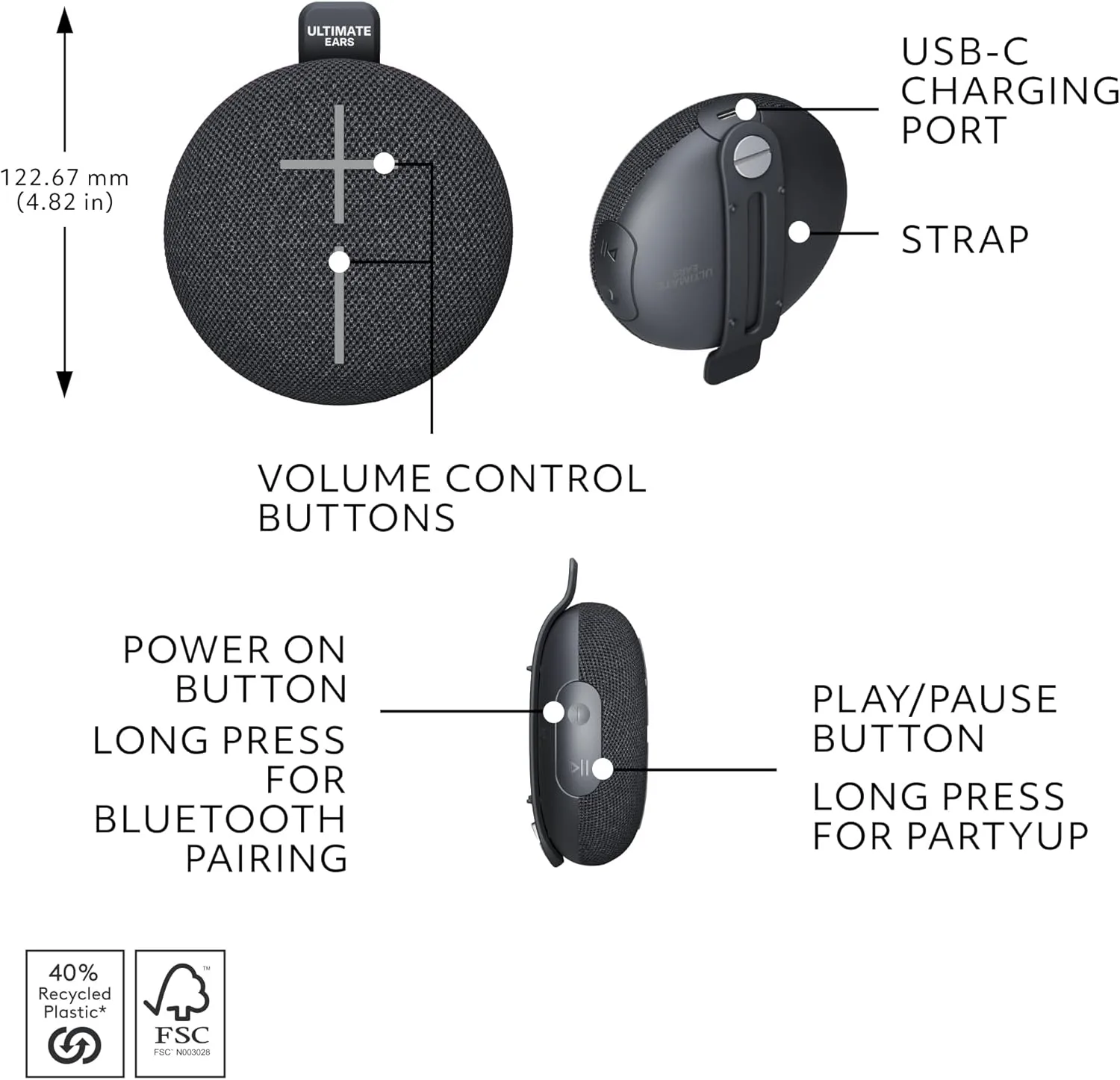 ULTIMATE EARS MINIROLL Ultra-Portable Waterproof Bluetooth Speaker