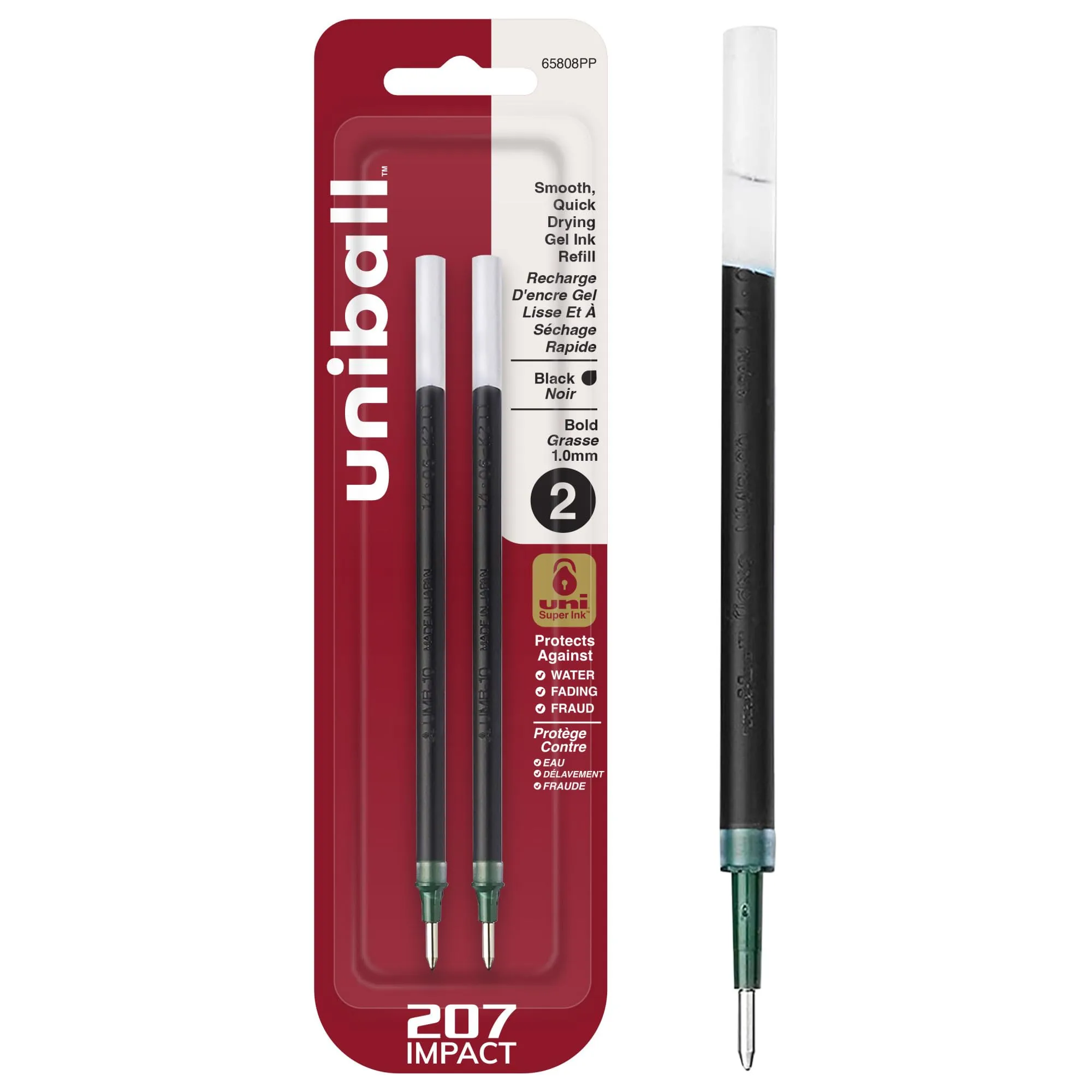 uni-ball 207 Impact Gel Pen Refills, 1.0 mm Bold, Black, 2 Pack