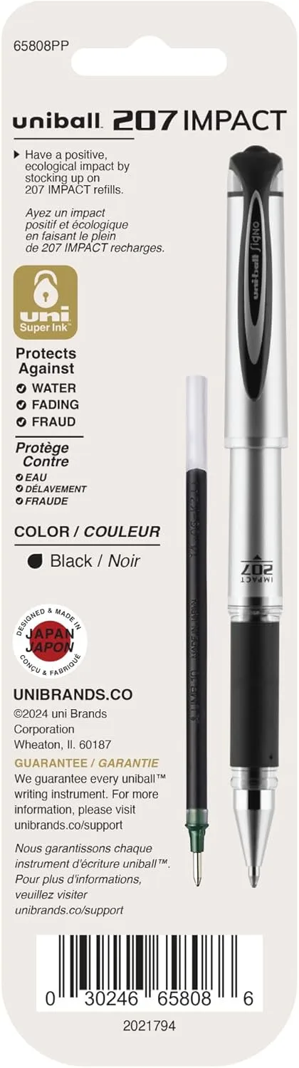 uni-ball 207 Impact Gel Pen Refills, 1.0 mm Bold, Black, 2 Pack