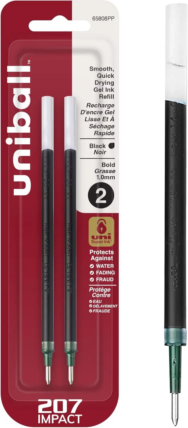 uni-ball 207 Impact Gel Pen Refills, 1.0 mm Bold, Black, 2 Pack