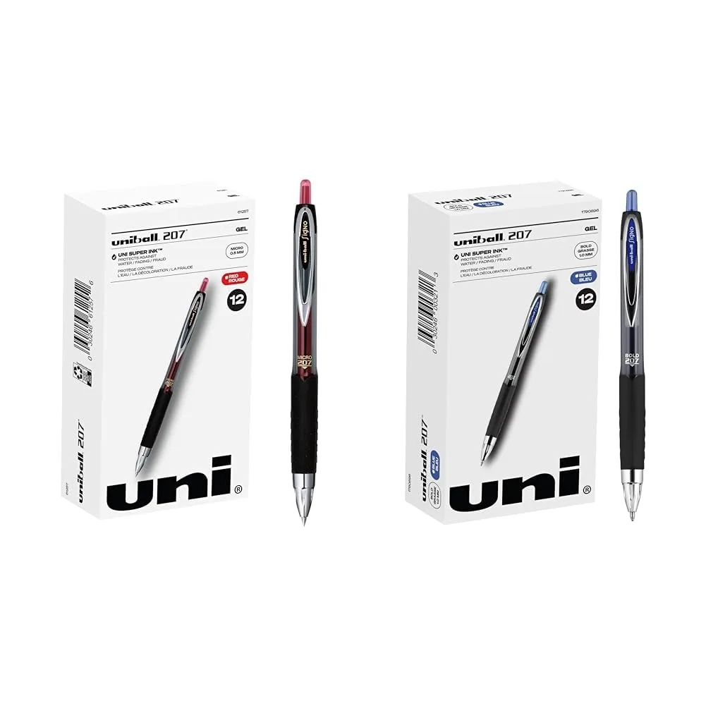 Uniball Signo 207 Gel Pen Set - 12 Pack 0.5mm Micro Red Pens and 12 Pack 1.0mm Bold Blue Gel Pens