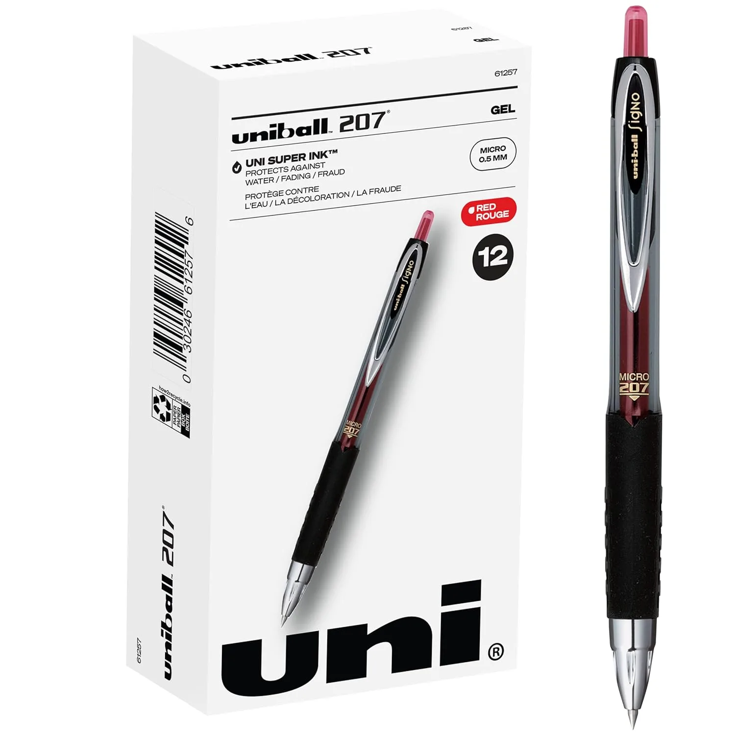 Uniball Signo 207 Gel Pen Set - 12 Pack 0.5mm Micro Red Pens and 12 Pack 1.0mm Bold Blue Gel Pens