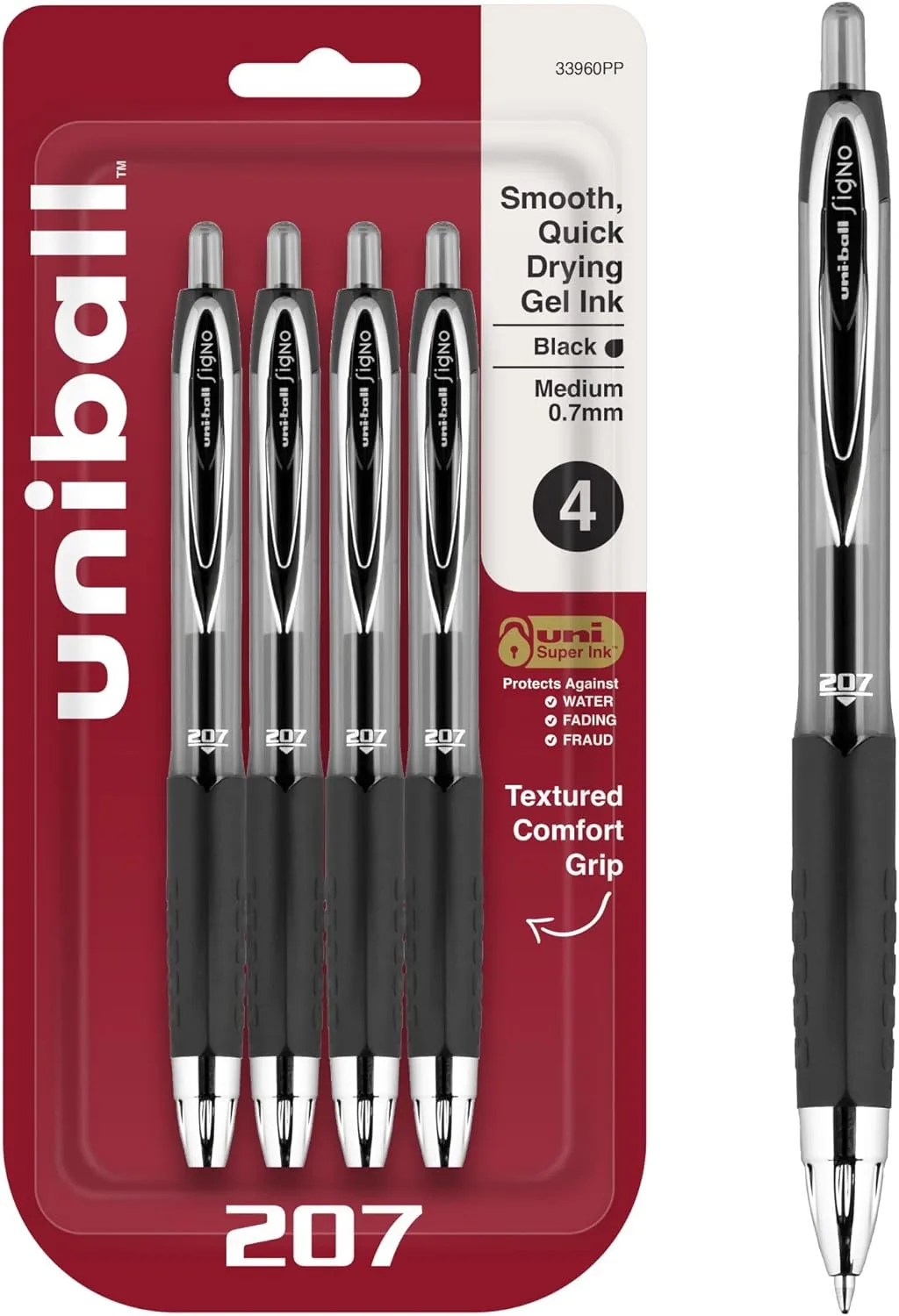 uni-ball 207 Retractable Gel Pens, Medium Point (0.7mm), Black, 4 Count