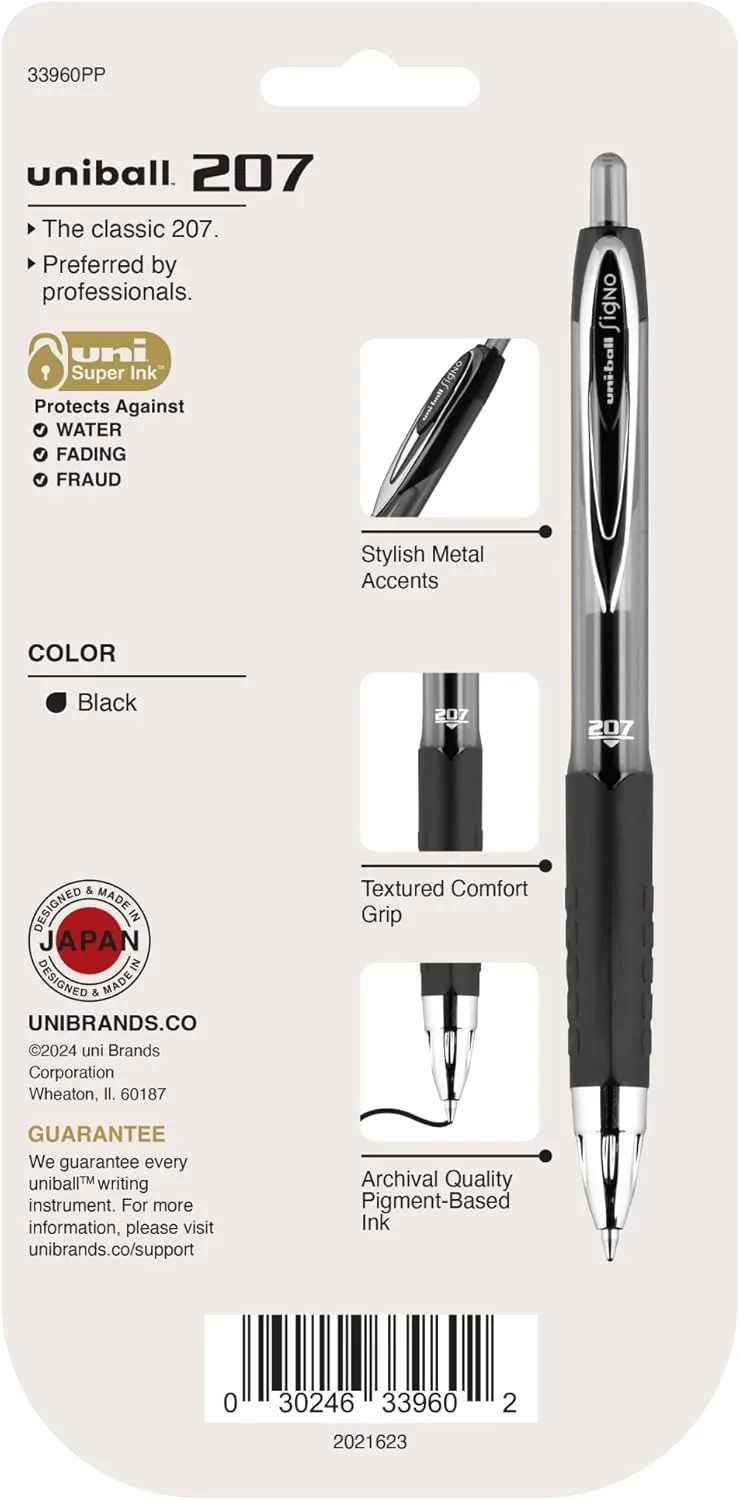 uni-ball 207 Retractable Gel Pens, Medium Point (0.7mm), Black, 4 Count