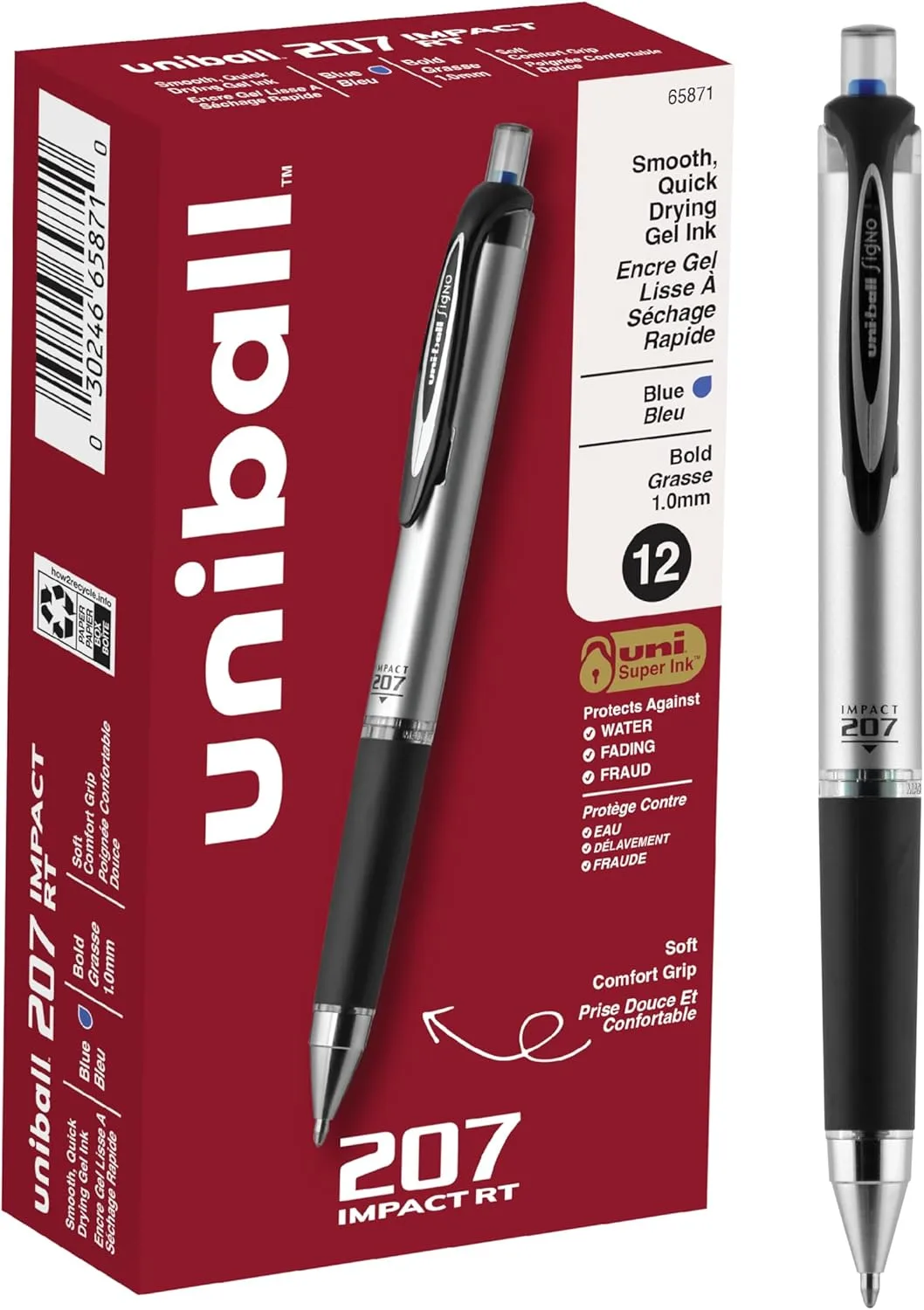 Uni-Ball 207 Impact Retractable Gel Pen, 1.0 mm, Blue Ink (12-Pack)