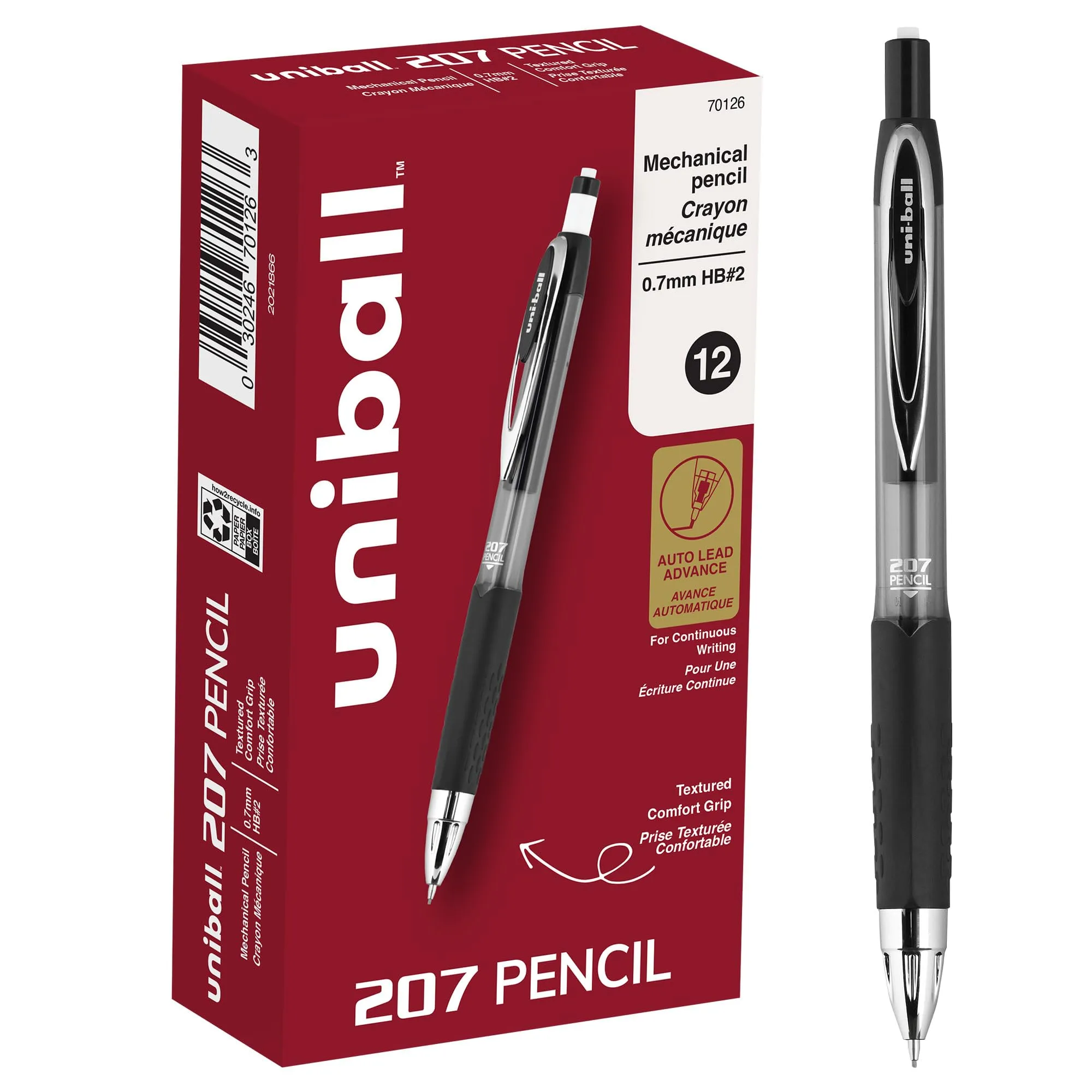 uni-ball 207 Auto-Advancing Mechanical Pencils, 0.7 mm, Black Barrel, Pack of 12