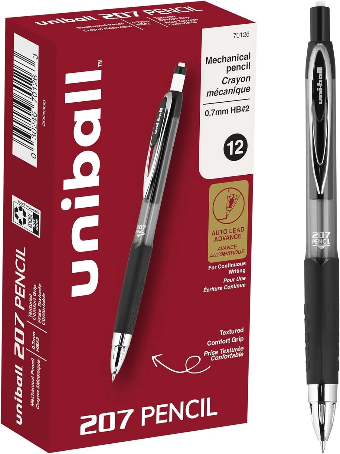 uni-ball 207 Auto-Advancing Mechanical Pencils, 0.7 mm, Black Barrel, Pack of 12