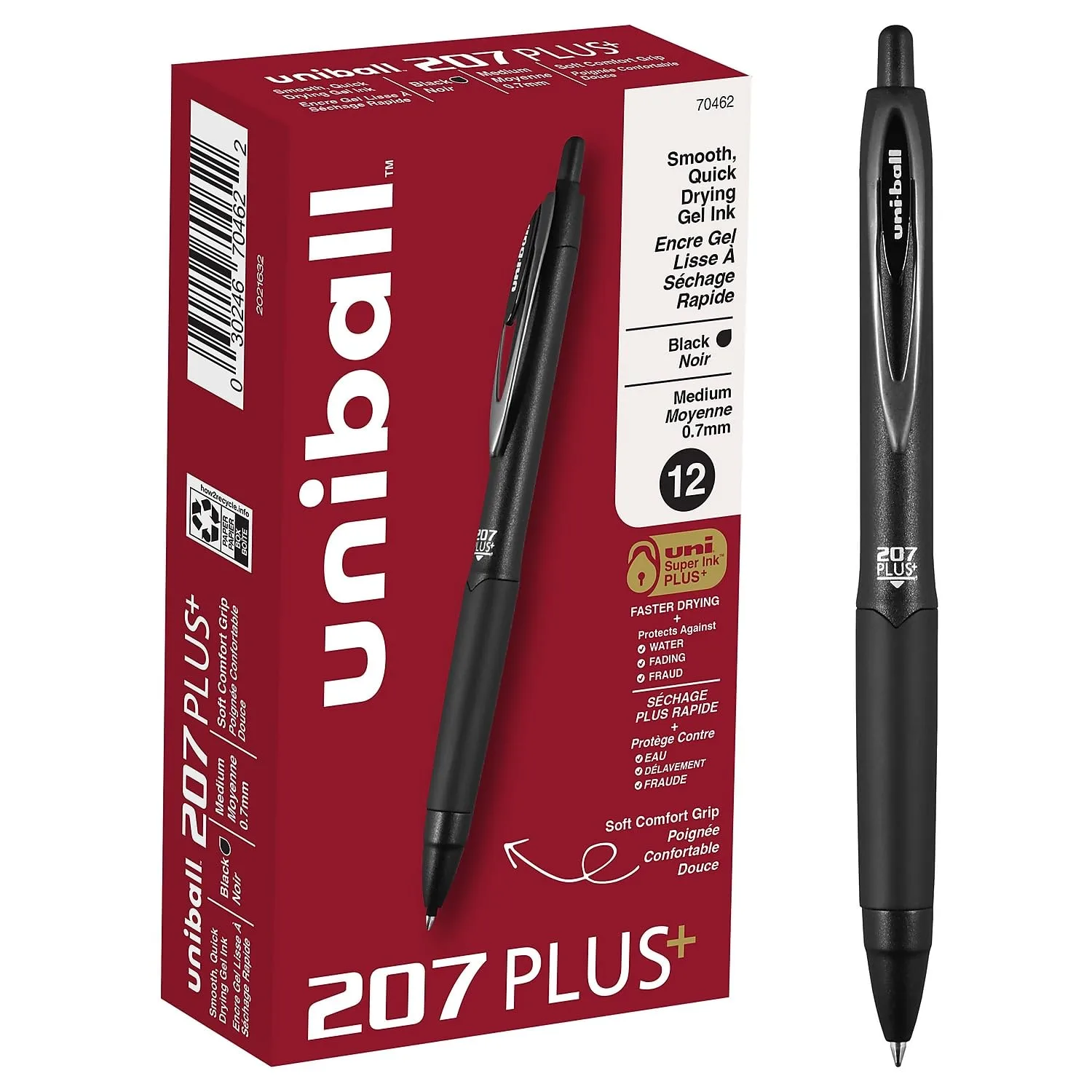 uni-ball 207 Plus+ Gel Pen - 0.7 mm Medium - Retractable - Black - Dozen